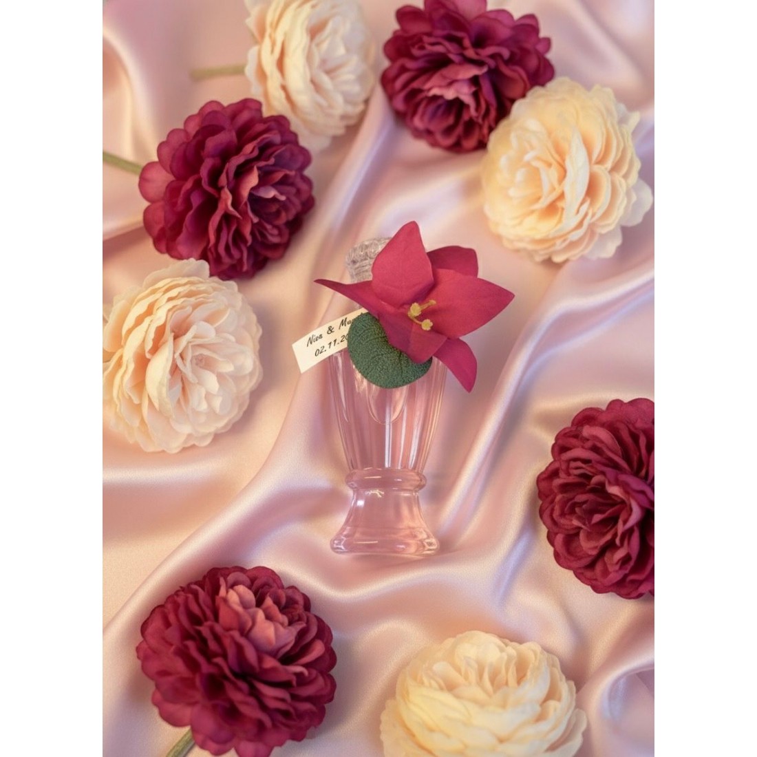 Pembe çiçekli uzun plastik şişe kolonya (10 adet)